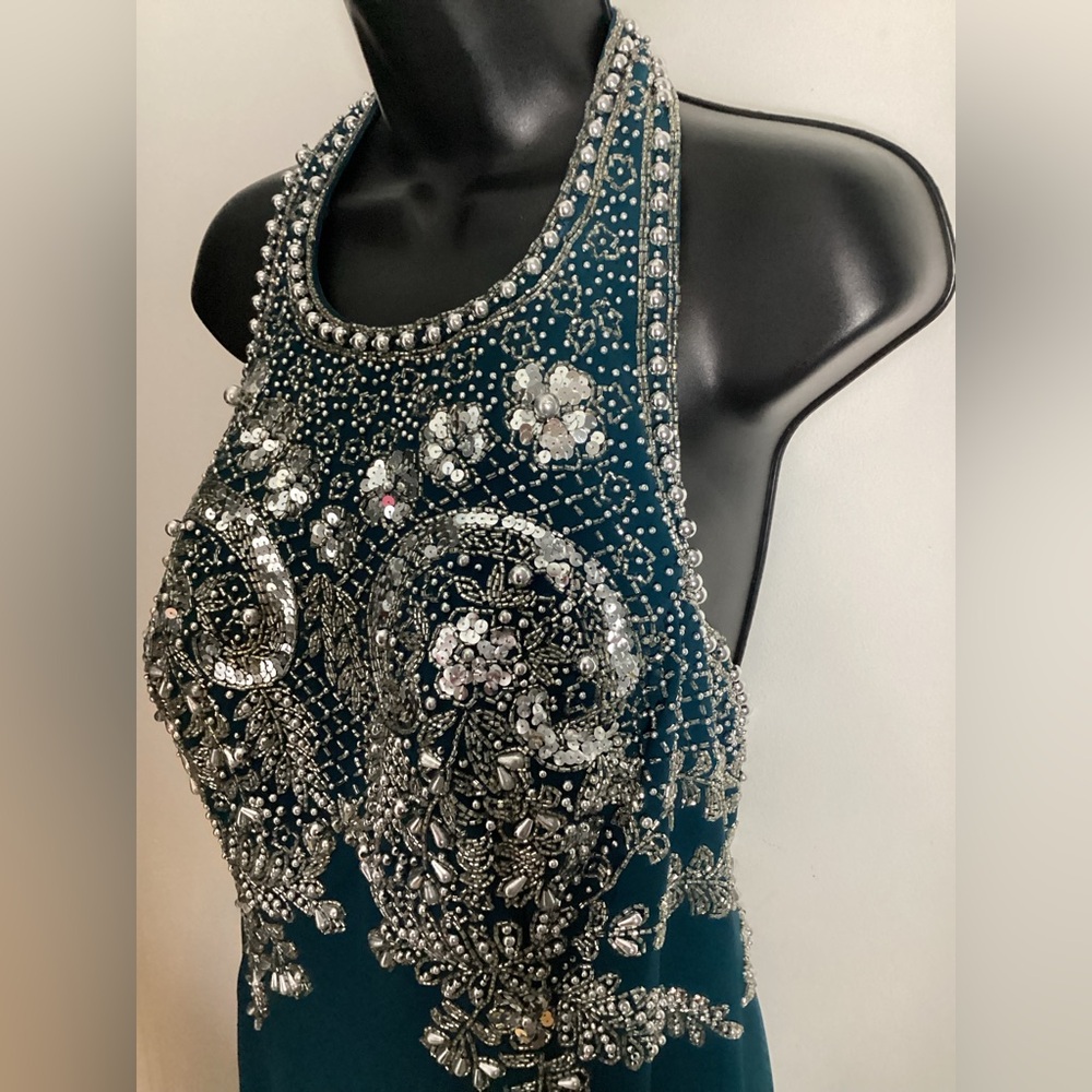 Embellished Teal Halter Prom Gown 14